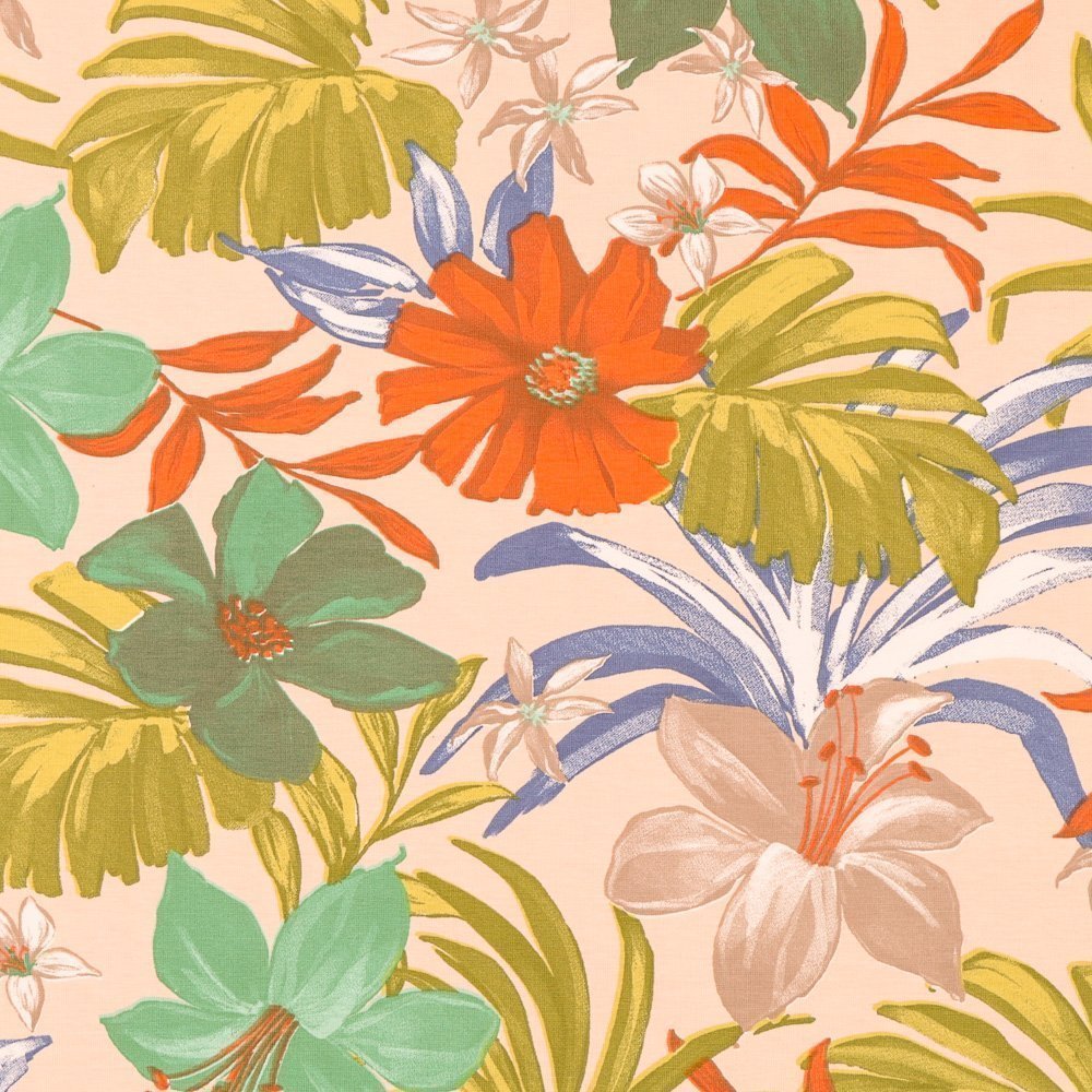 Tissu Jersey Coton Fleurs tropicales Vertes et oranges sur fond Ecru