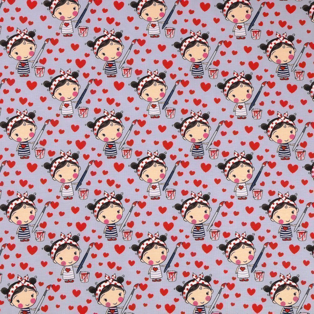 Tissu Jersey Coton Fillettes et coeurs Rouges sur fond Gris