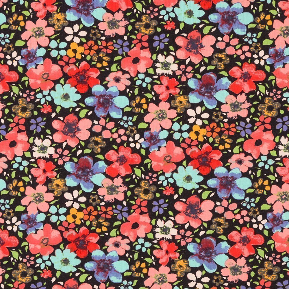 Tissu Jersey Coton Fleurs Roses et bleues sur fond Bleu marine