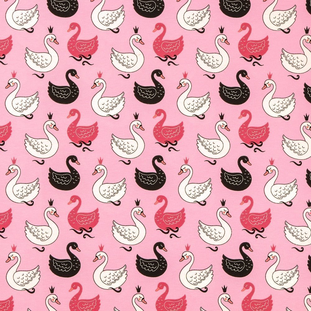 Tissu Jersey Coton Cygnes Blancs, noirs et roses sur fond Rose