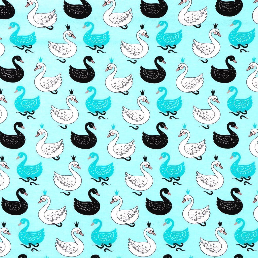 Tissu Jersey Coton Cygnes Blancs, noirs et bleus sur fond Bleu clair