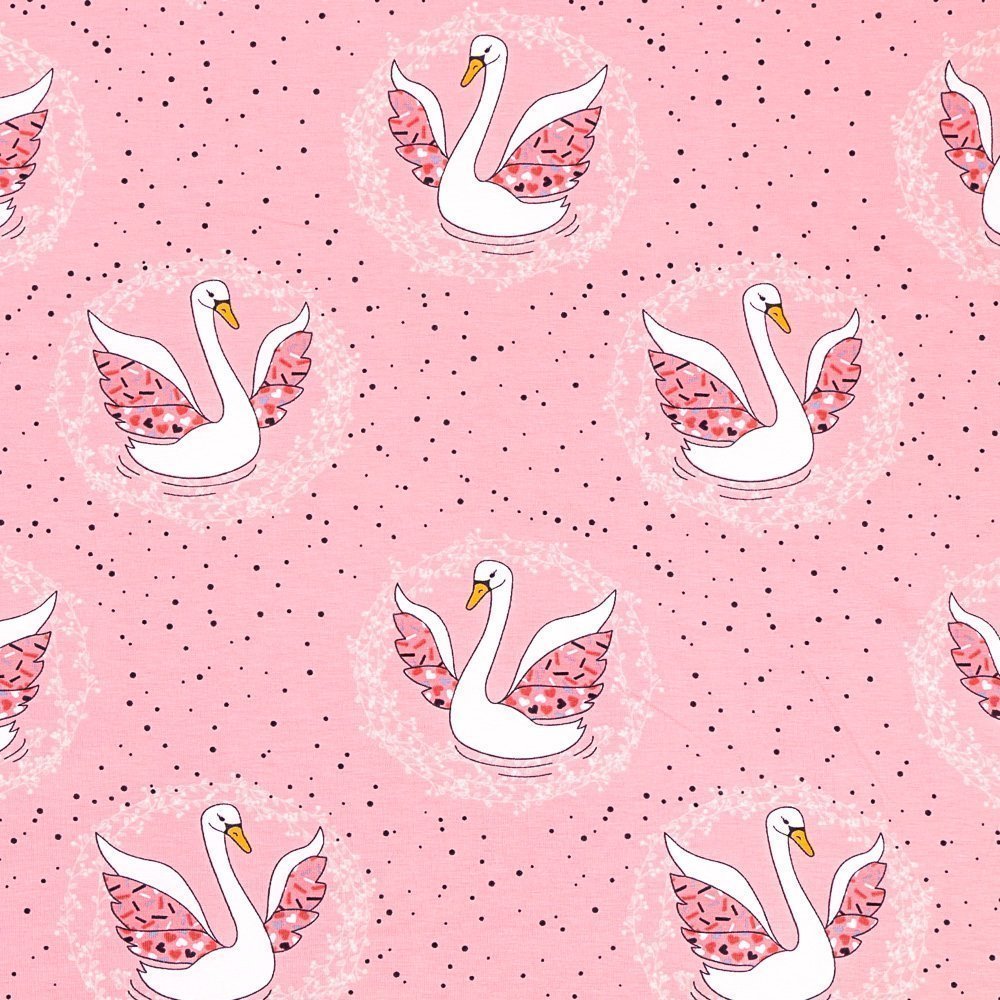 Tissu Jersey Coton Cygnes Blancs sur fond Rose