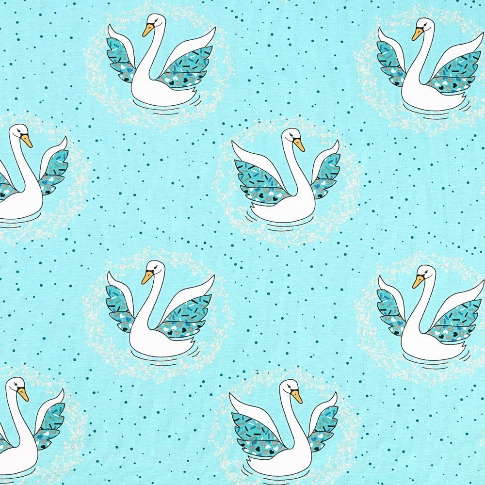 Tissu Jersey Coton Cygnes Blancs sur fond Bleu