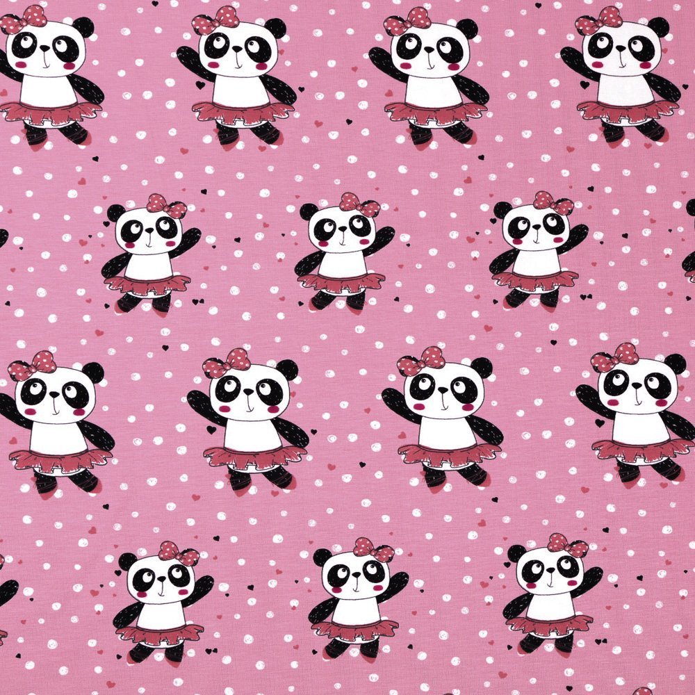 Tissu Jersey Coton Pandas danseuses Noirs et blancs sur fond Vieux Rose