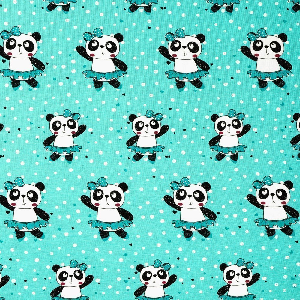 Tissu Jersey Coton Pandas danseuses Noirs et blancs sur fond Bleu