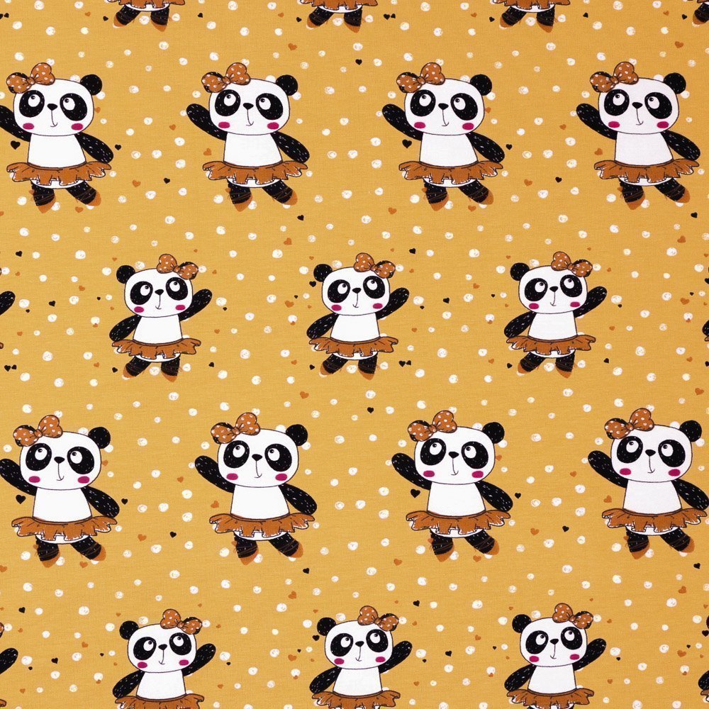 Tissu Jersey Coton Pandas danseuses Noirs et blancs sur fond Moutarde