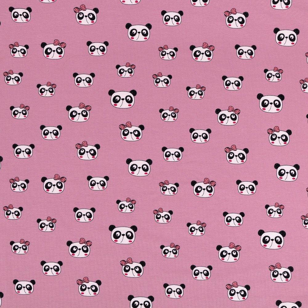 Tissu Jersey Coton Pandas Noirs et blancs sur fond Vieux Rose