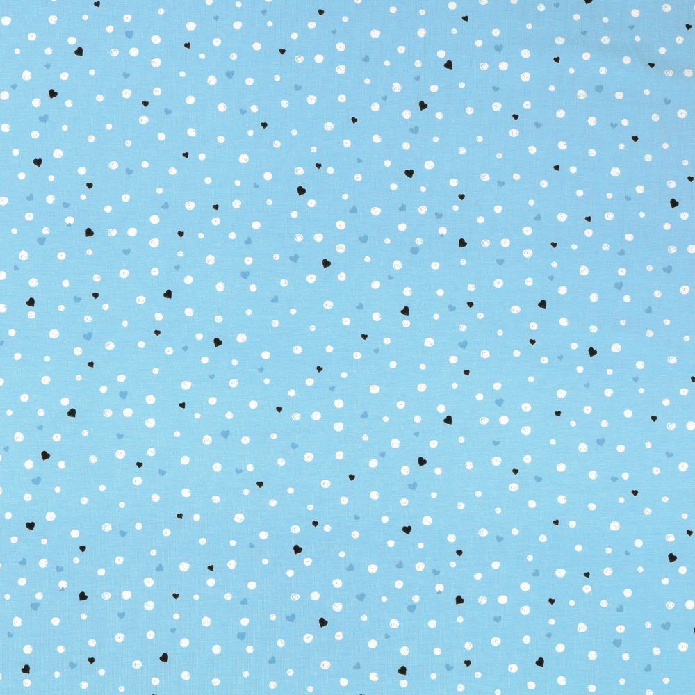 Tissu Jersey Coton Coeurs et ronds Blancs, noirs et bleus sur fond Bleu