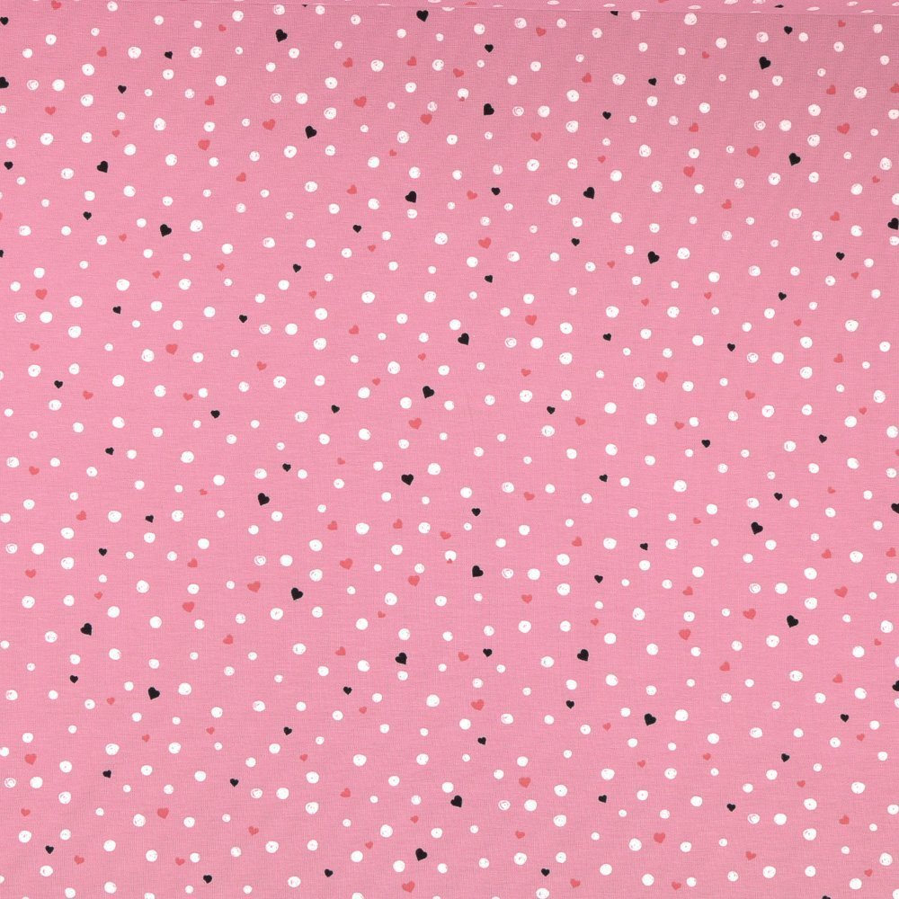 Tissu Jersey Coton Coeurs et ronds Blancs, noirs et roses sur fond Vieux Rose