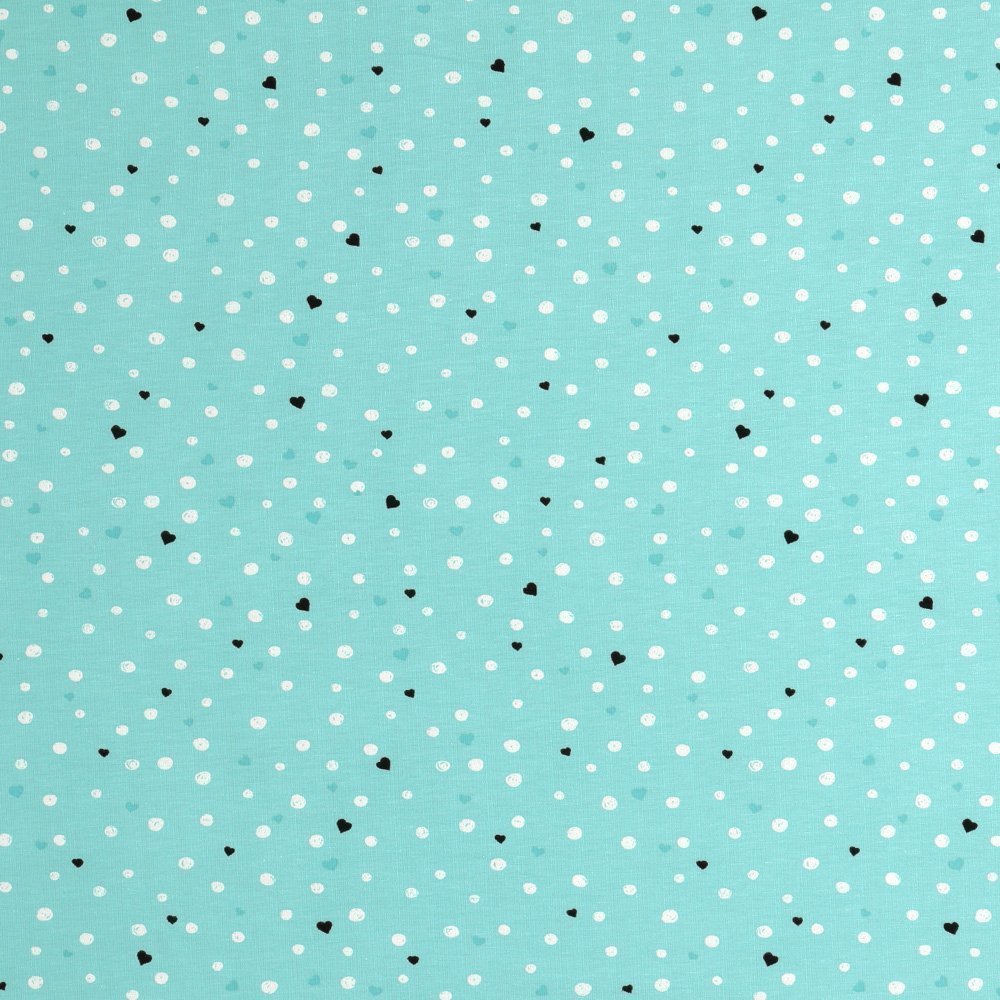 Tissu Jersey Coton Pois et coeurs Blancs, noirs et bleus sur fond Vert Menthe