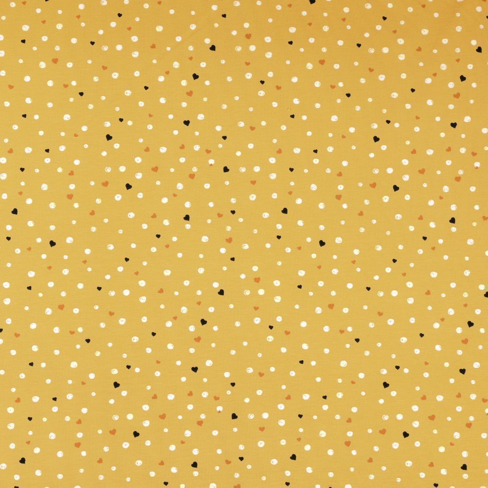 Tissu Jersey Coton Coeurs et ronds Blancs, noirs et marrons sur fond Moutarde