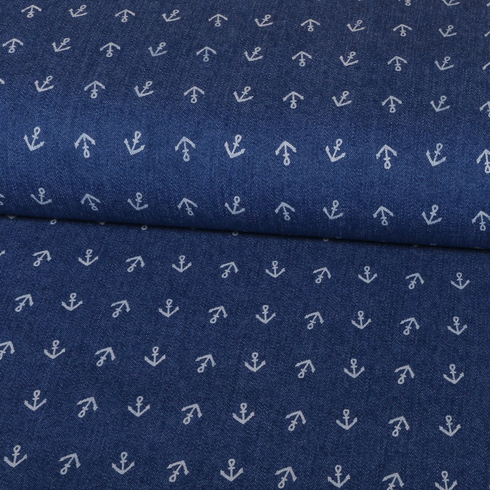 Tissu Chambray Ancres Blanches sur fond Bleu jean