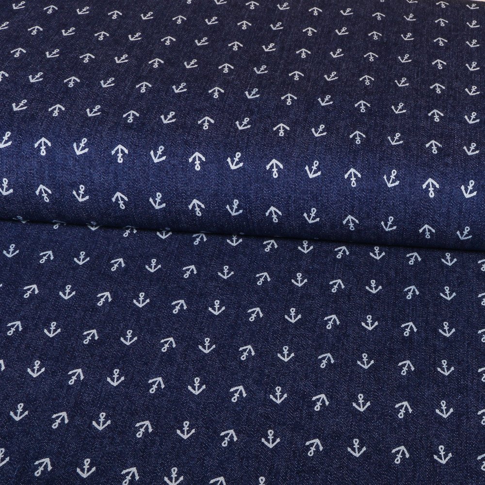 Tissu Chambray Ancres Blanches sur fond Bleu jean foncé