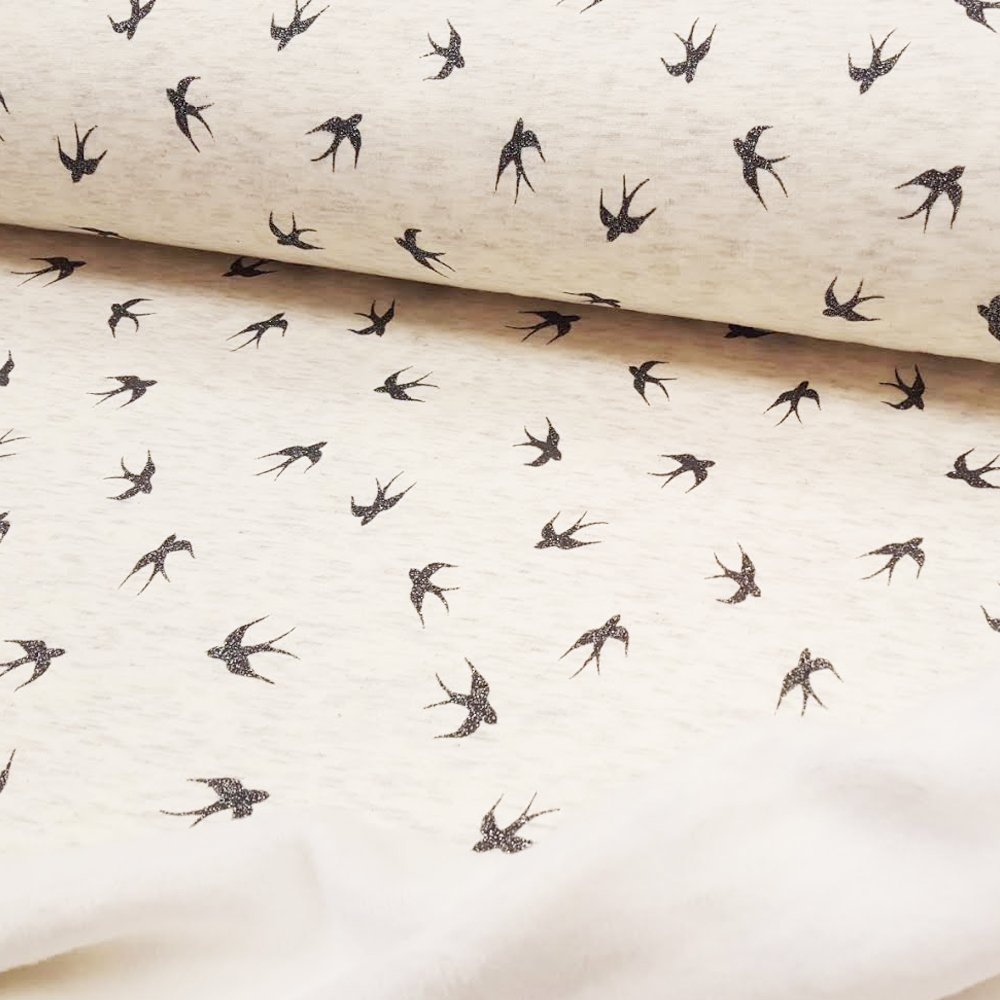 Tissu Sweat Envers Minky Gris chiné clair Oiseaux à paillettes Gris foncés