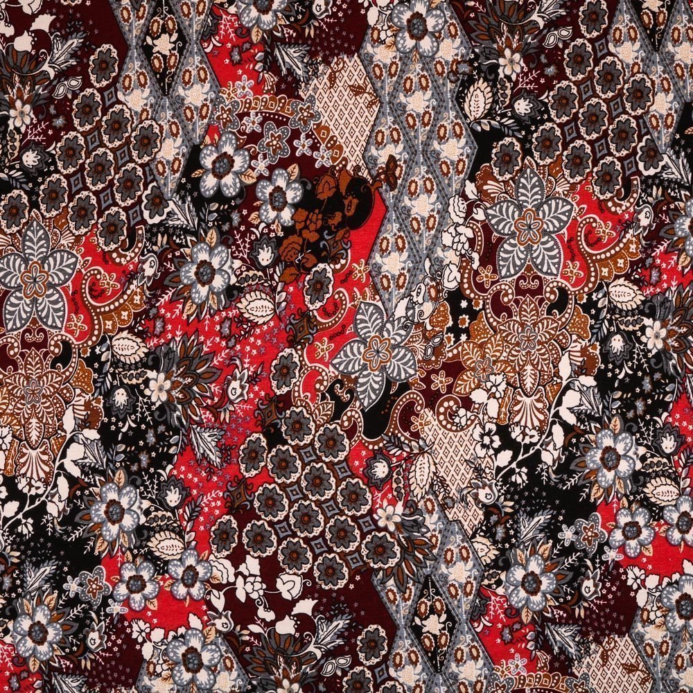 Tissu Jersey Viscose Bordeaux Fleuris ethnique Fuschia et gris