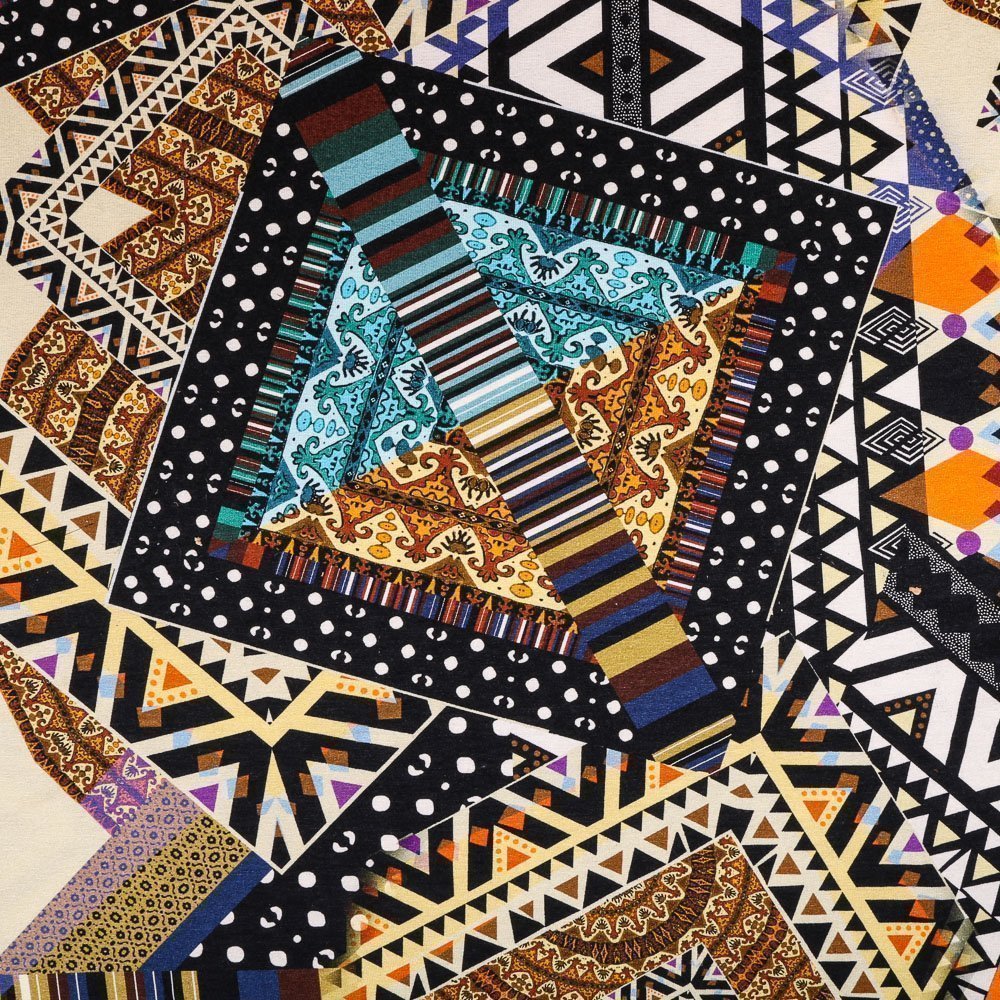 Tissu Jersey Viscose Beige Formes géométriques Marine et orange