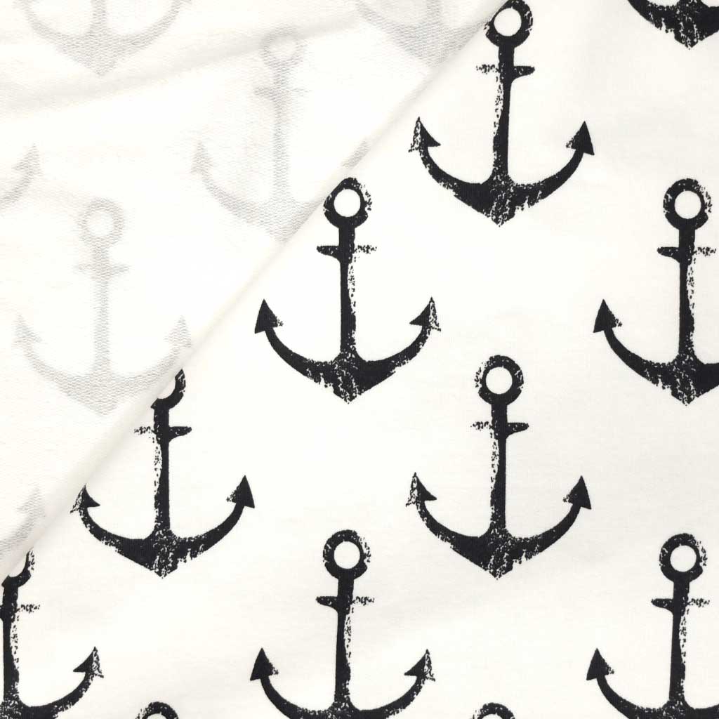 Tissu Jersey Coton Blanc Ancres bleu marine