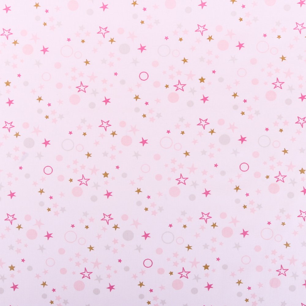 Tissu Coton Imprimé Arty Etoiles et cercles Rose / Gris / Or sur fod blanc
