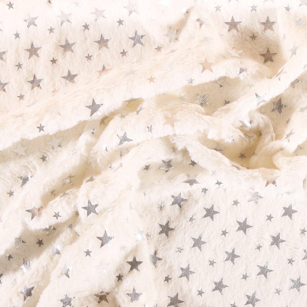 Tissu Minky Ultra doux Longs Poils Stars Silver sur fond Blanc cassé