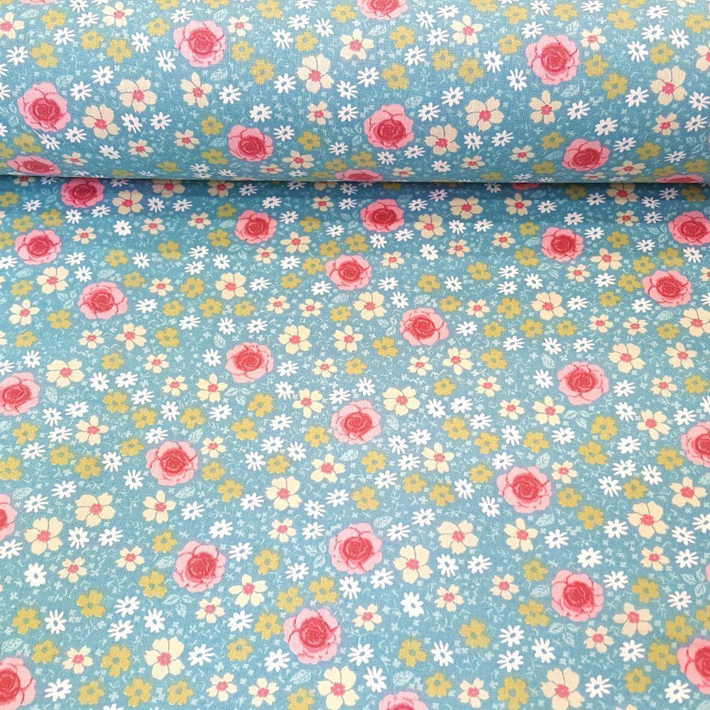 Tissu Popeline Coton Fleuri Anisley Menthe Rose