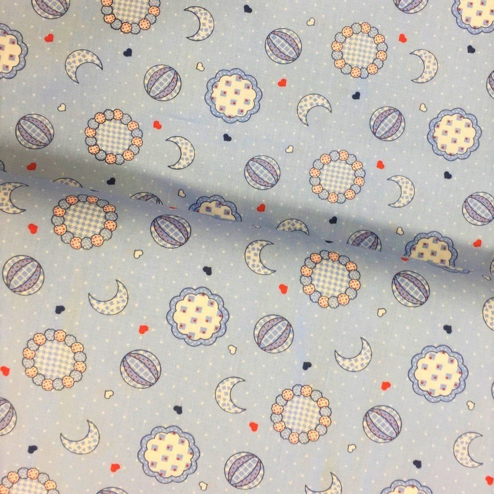 Tissu Popeline imprimée Bleu Lunes et ballons Bleues