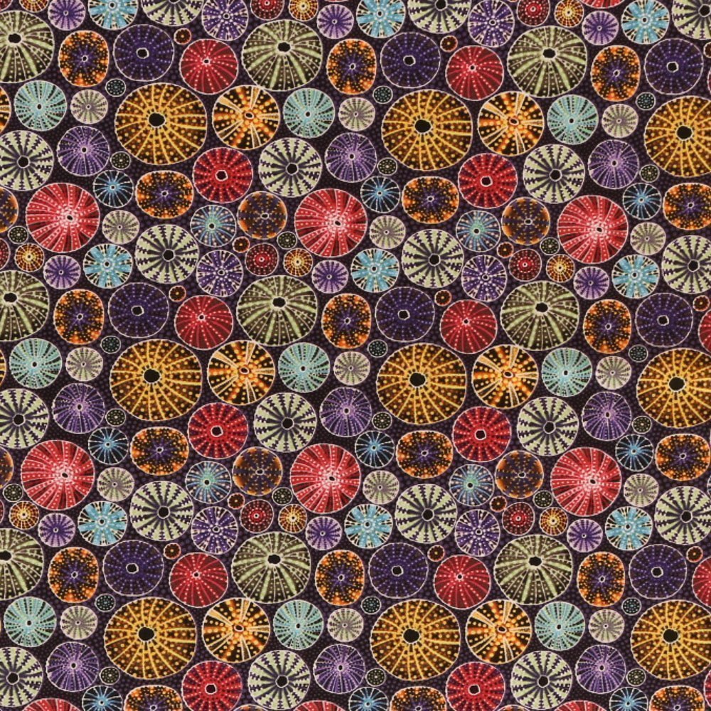 Tissu Coton Imprimé Lisa Studio Oursins Aborigènes Violets / Jaunes / Roses sur fond Violet