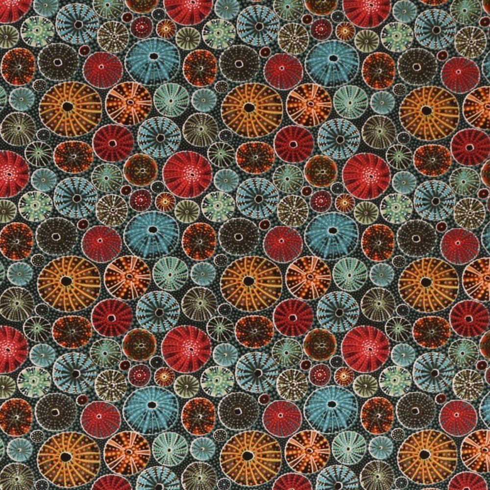 Tissu Coton Imprimé Lisa Studio Oursins Aborigènes Bleus / Verts / Oranges sur fond Bleu