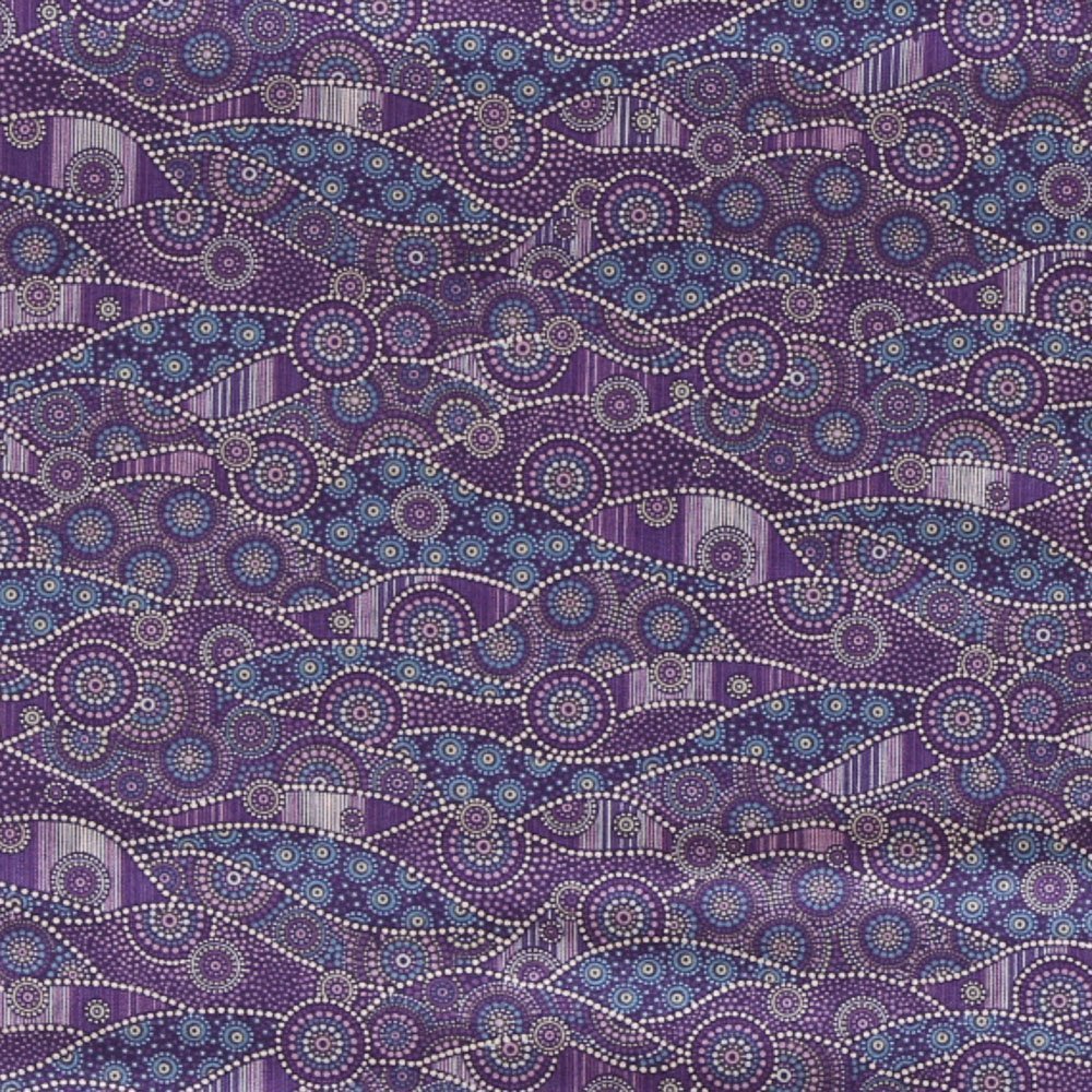 Tissu Coton Imprimé Lisa Studio Pointillés Aborigènes Blancs et Violets sur fond Violet