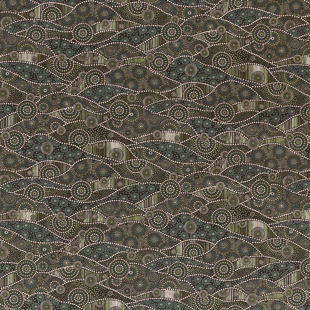 Tissu Coton Imprimé Lisa Studio Pointillés Aborigènes Blancs et Verts sur fond Vert Foncé