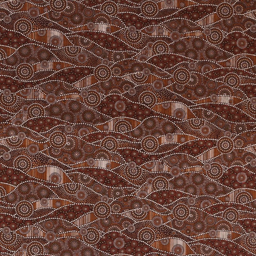 Tissu Coton Imprimé Lisa Studio Pointillés Aborigènes Blancs et Marrons sur fond Brun