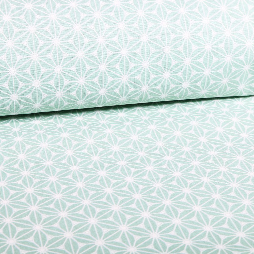 Tissu Coton Imprimé Arty Vert d'eau Formes liées Blanches