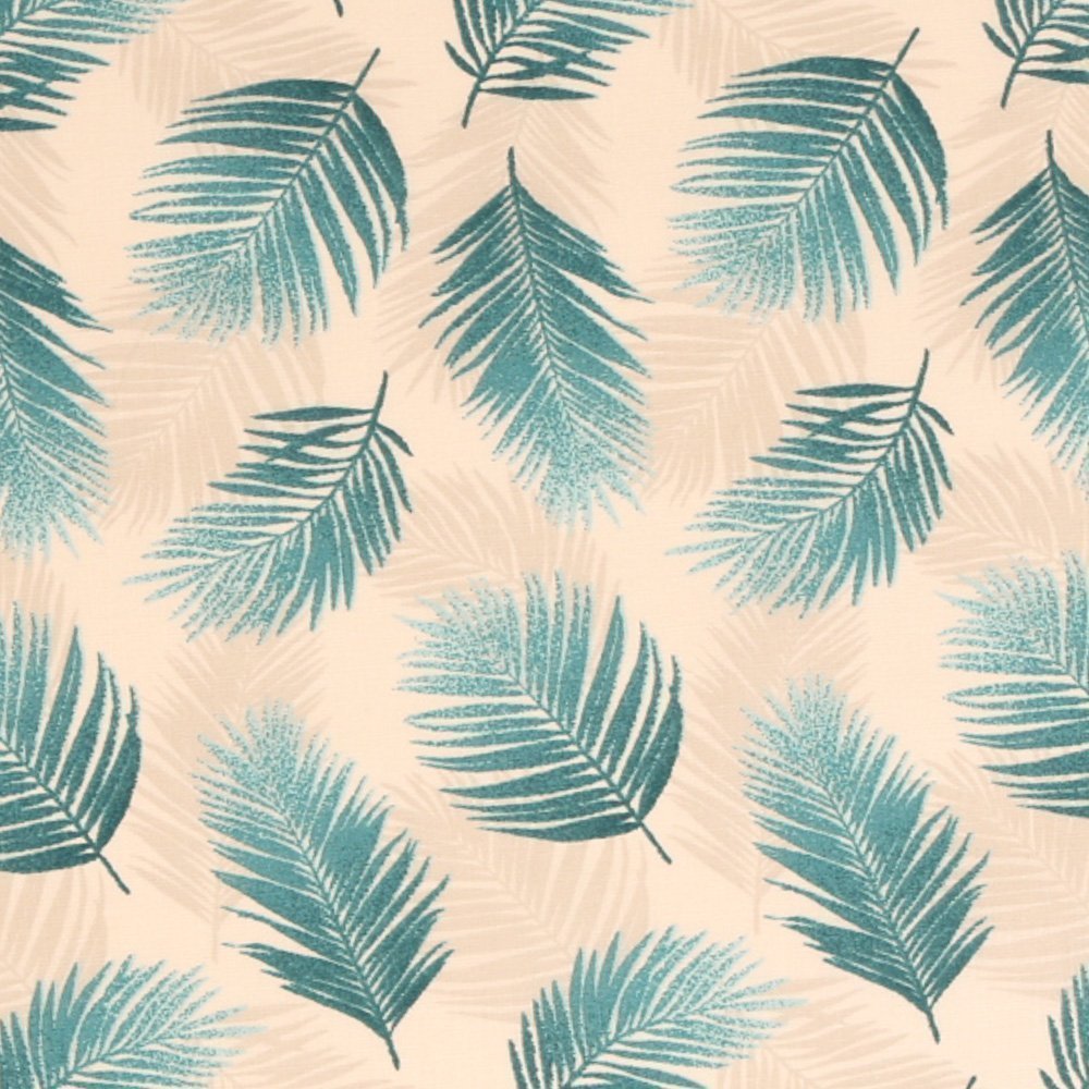 Tissu Coton Imprimé Arty Feuilles de Palmier Bleu Canard sur fond Ecru