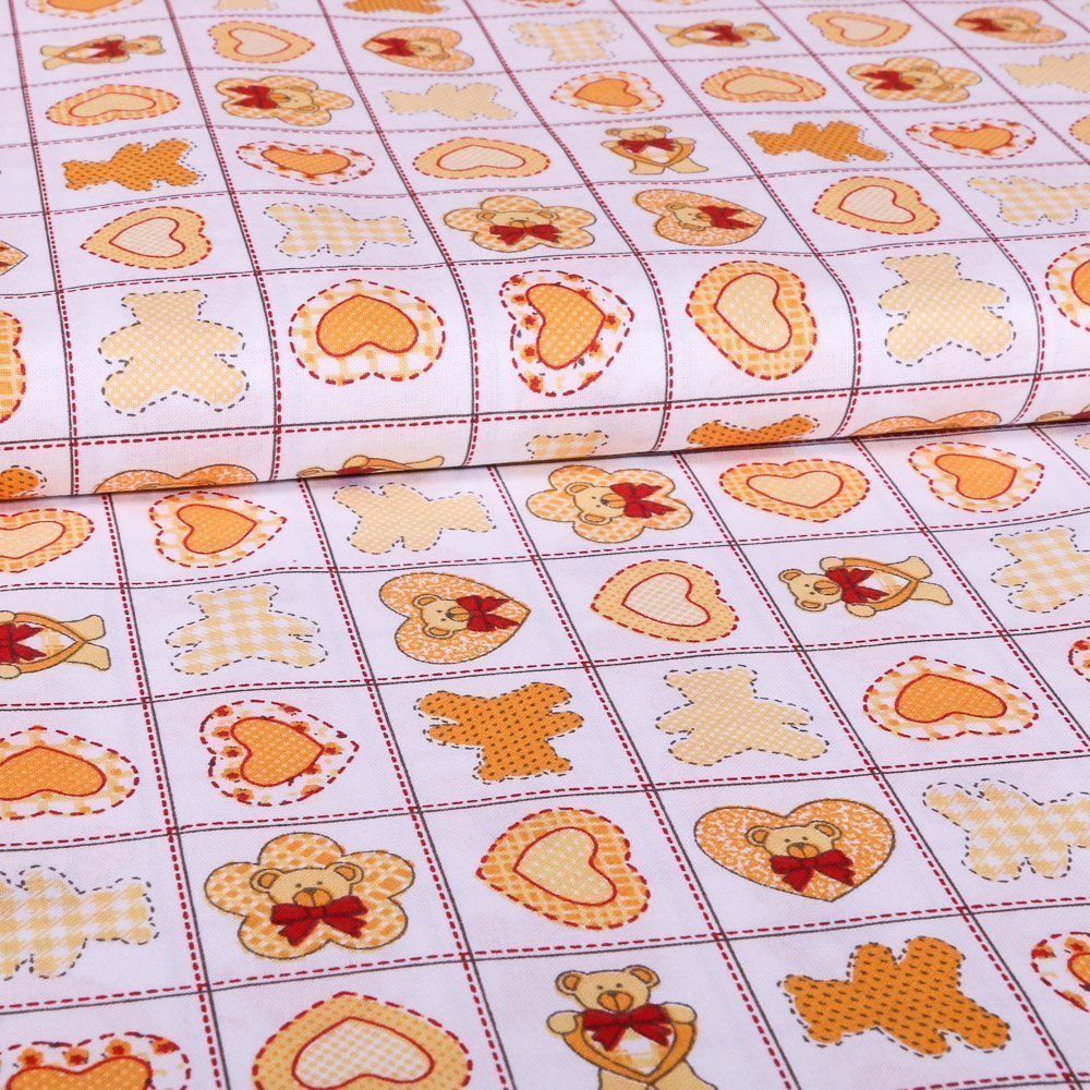 Tissu Coton imprimé Carrés Blancs Cœurs et Oursons Jaunes