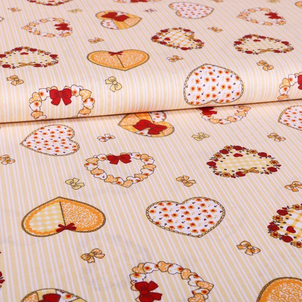 Tissu Coton imprimé Rayures Cœurs Jaunes et Rouges