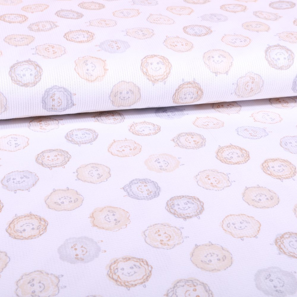 Tissu Piqué de coton Blanc Moutons Beiges
