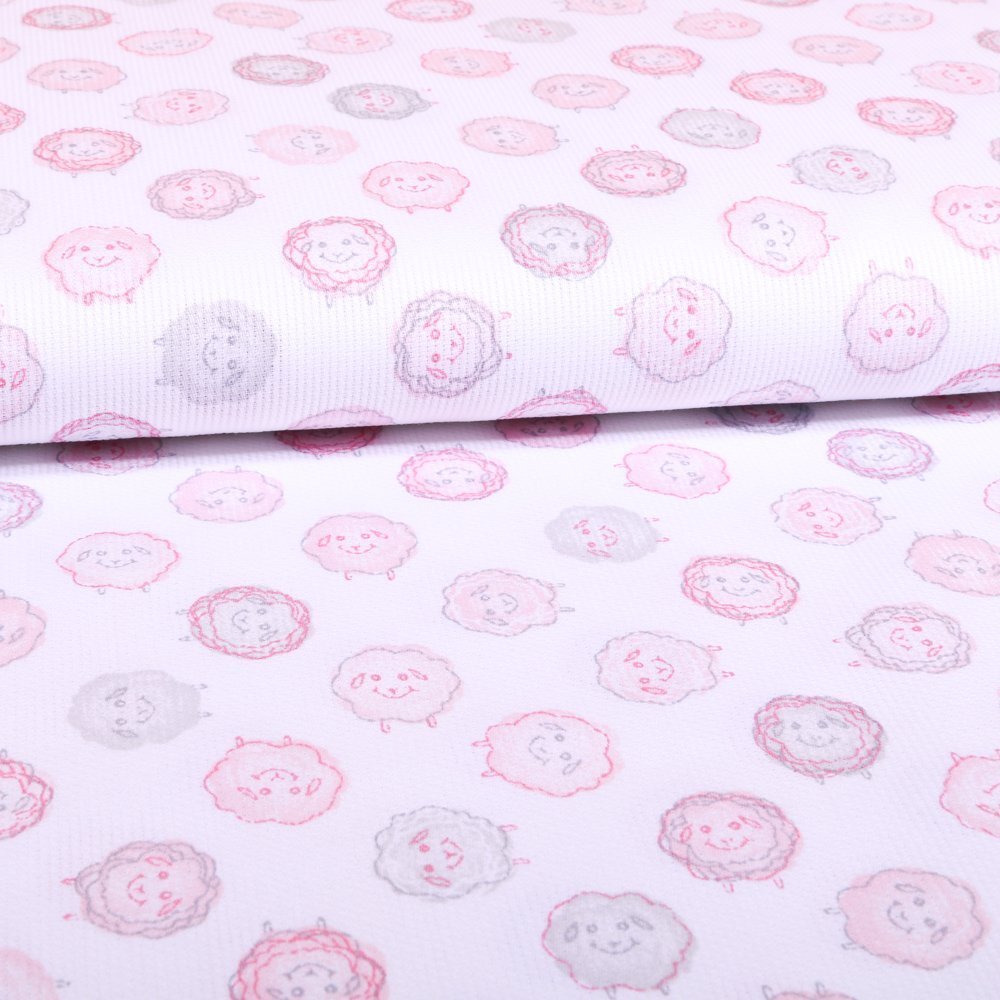 Tissu Piqué de coton Blanc Moutons Roses