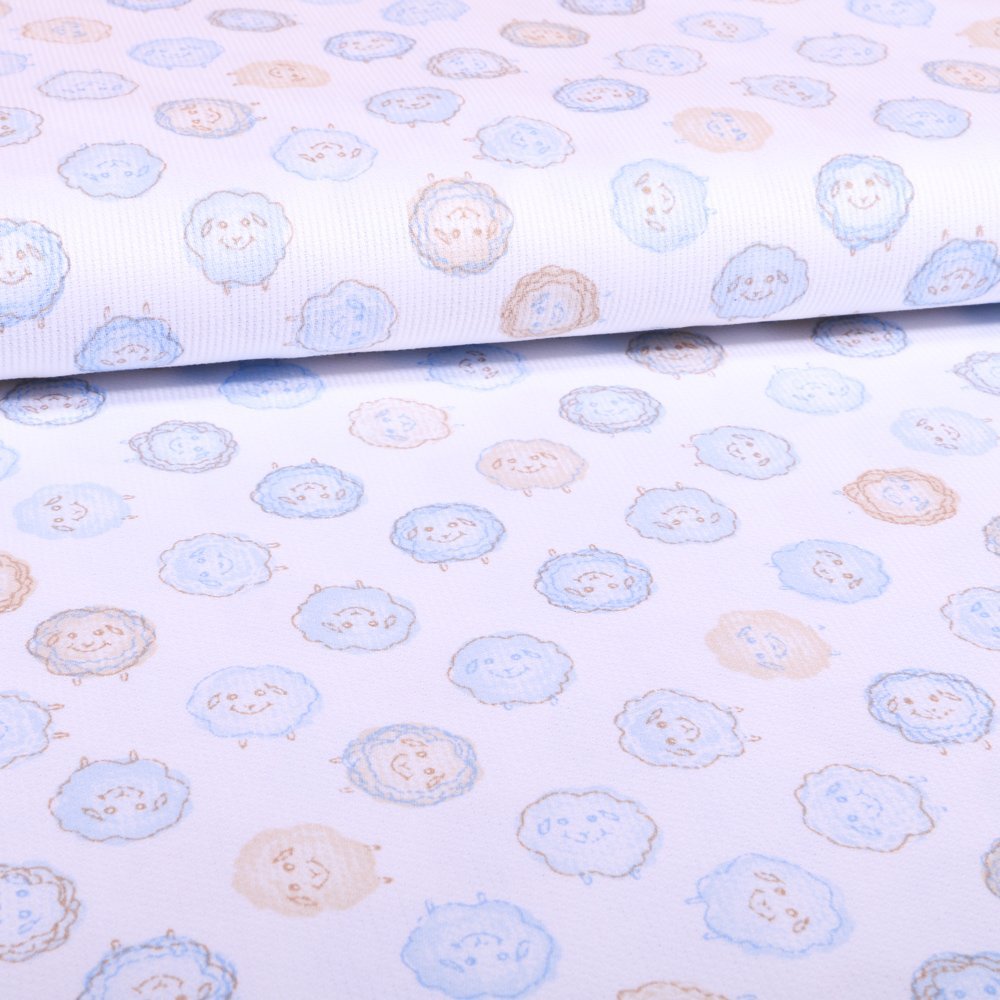 Tissu Piqué de coton Blanc Moutons Bleus