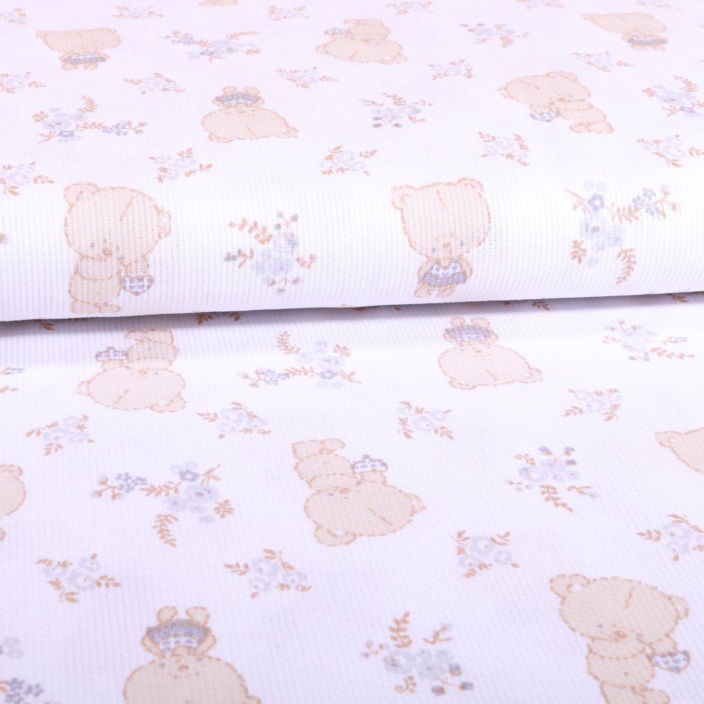 Tissu Piqué de coton Blanc Oursons Misha Beige