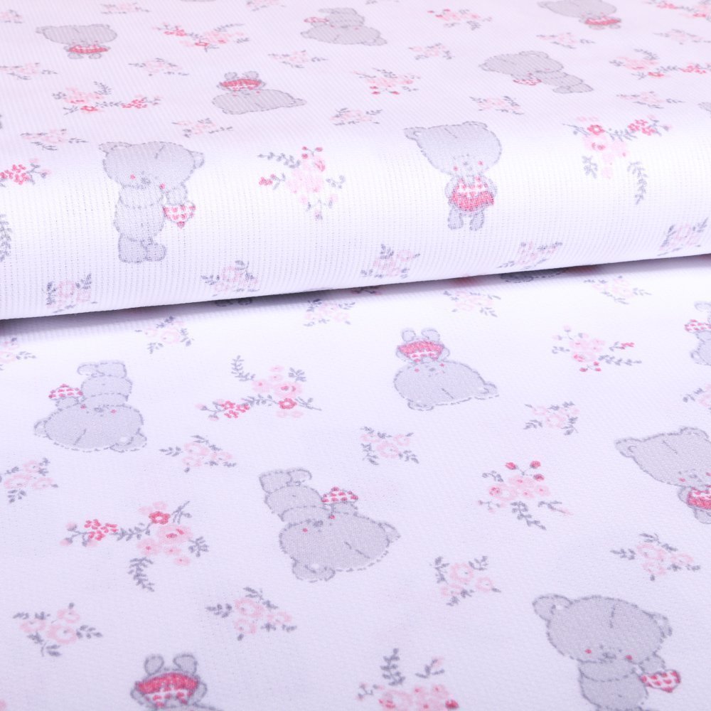Tissu Piqué de coton Blanc Oursons Misha Roses