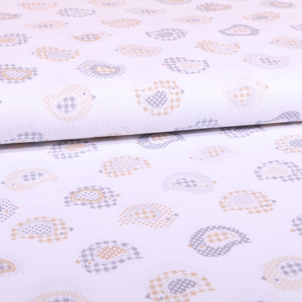 Tissu Piqué de coton Blanc Oiseaux Beiges