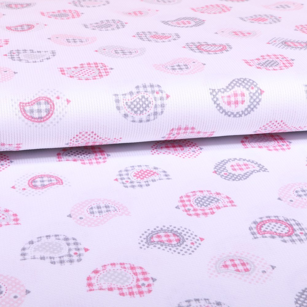 Tissu Piqué de coton Blanc Oiseaux Roses
