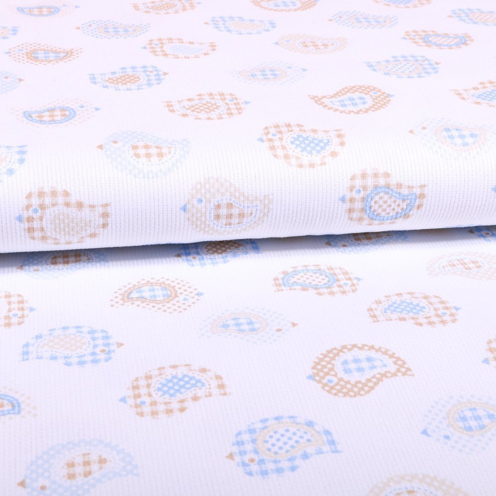 Tissu Piqué de coton Blanc Oiseaux Bleus