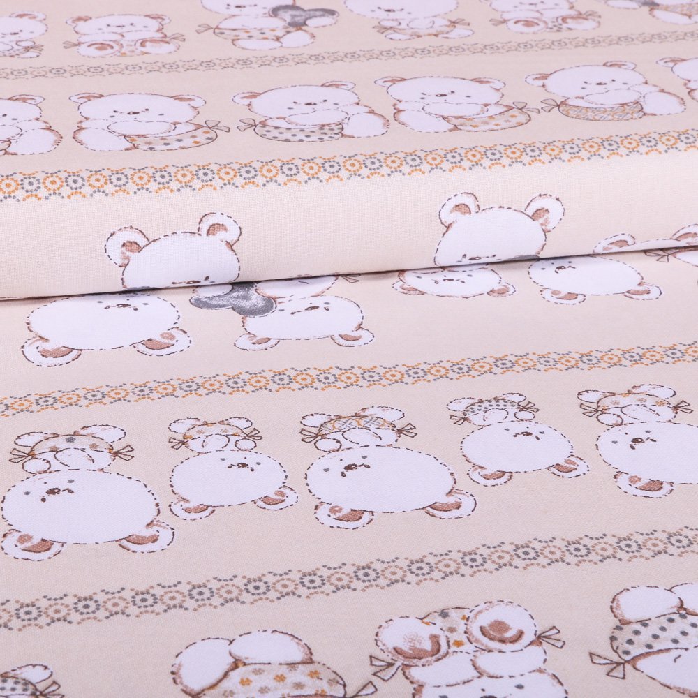 Tissu Coton imprimé Oursons Beige et Bandes Ronds
