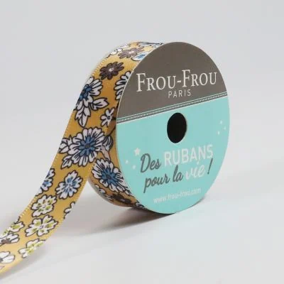 Bobinette Ruban Satin Fleuri Frou-Frou Poussière d&#039;or - 16 mm x 5 mètres