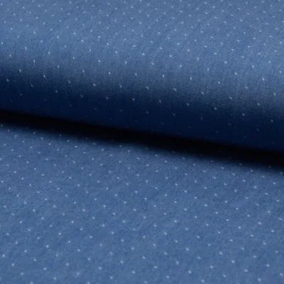 Tissu Chambray Tencel Bleu jean clair Pois Blancs - Par 10 cm