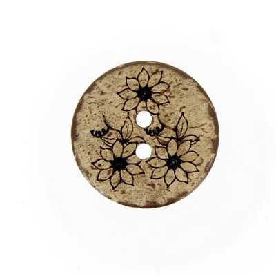 Bouton coco gravé fleur - 22 mm