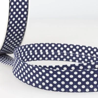 Biais imprimé coton 20 mm Bleu Marine Mini Pois Blanc x1m