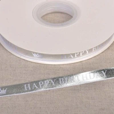 Ruban imprimé Happy Birthday 10 mm Argent x1m