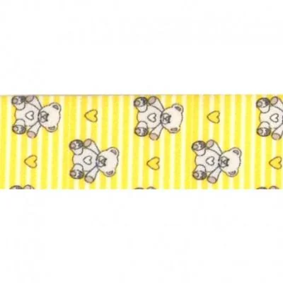 Biais replié 25 mm Oursons et coeurs sur fond rayé Jaune x1m