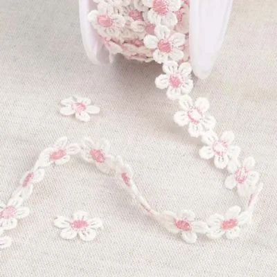 Guipure Marguerite Blanc et rose x1m